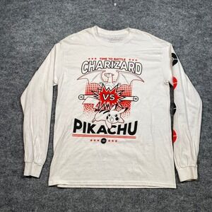 Pokemon Charizard vs Pikachu Long Sleeve Graphic T-Shirt Mens Medium White